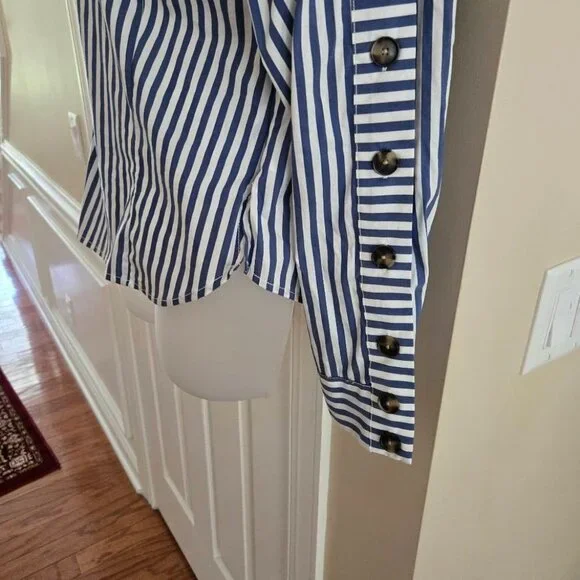 Veronica Beard Fauri Striped Off-The-Shoulder Long Sleeve Shirt Size 4 - Picture 7 of 16